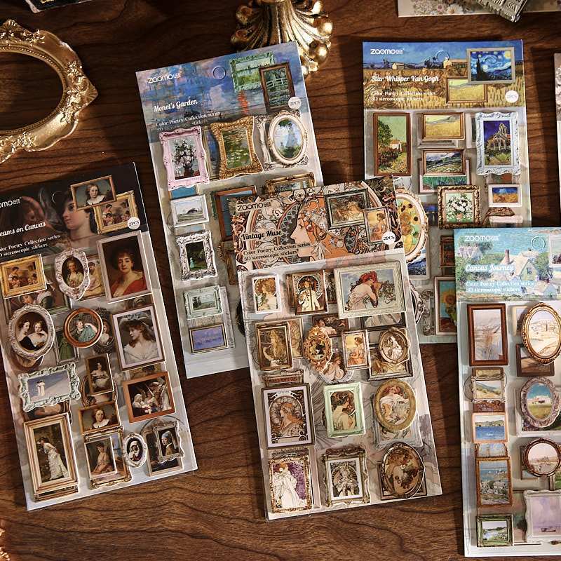 Vintage Oil Painting Frame Stickers - Van Gogh & Monet Inspired Die-Cut Art Stickers