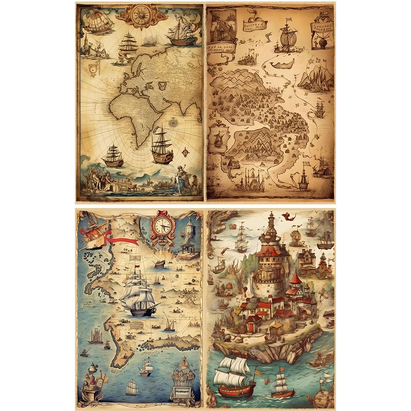 Vintage Nautical Map Journal Paper Set - 16 Sheets Heavyweight Cardstock, Pirate Ship & Sea Chart Background Paper