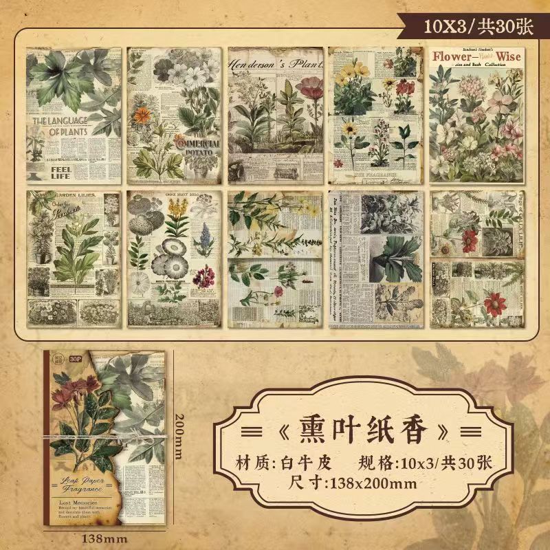 Lost Memory Vintage Kraft Paper Set – Aged Botanical Background Sheets for Journaling, 4 Designs