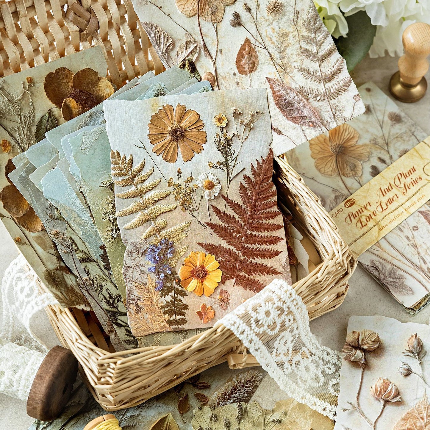 Vintage Pressed Flower Journal Paper Set - Embossed & Flat Botanical Background Paper