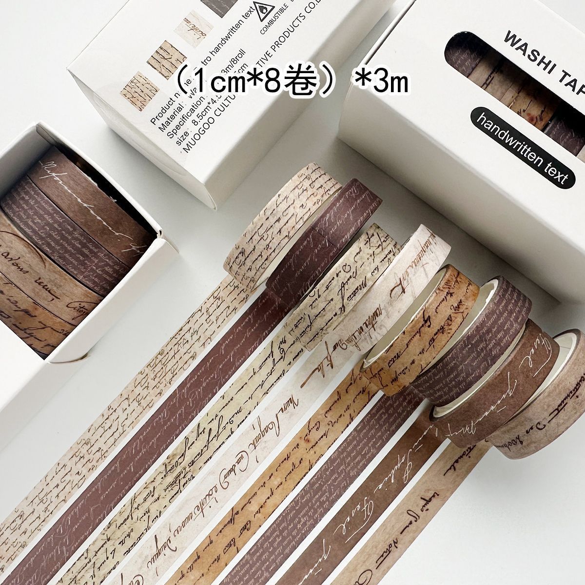 Vintage Script Washi Tape Set - Handwritten Letter & Lace Pattern Decorative Tape, 8 Rolls