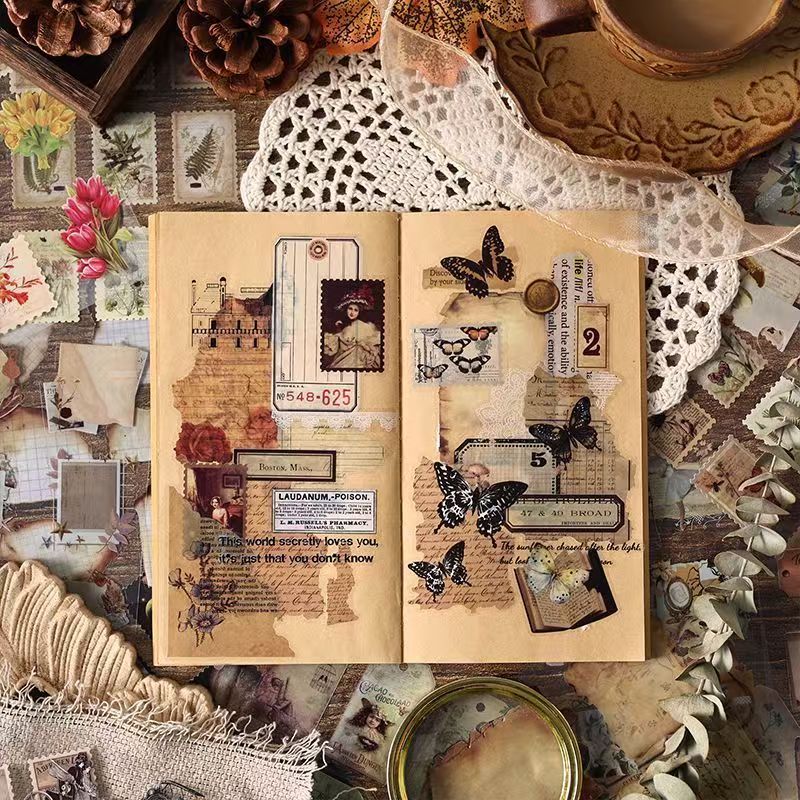 Vintage Antique Collage Sticker Sheet – Waterproof PET Die-Cut Journaling Stickers, 4 Designs
