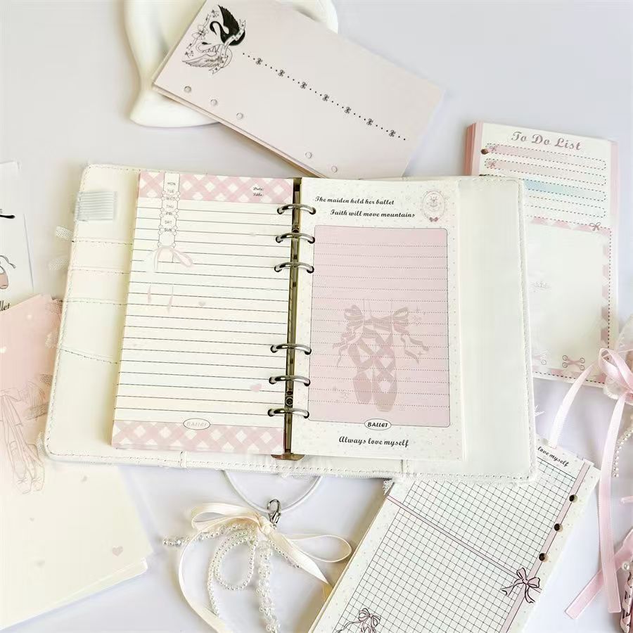 A6 Ballet Notebook Refill - 45 Sheets 120gsm Paper, Girly Pink Ballerina Planner Inserts, 6-Ring Binder