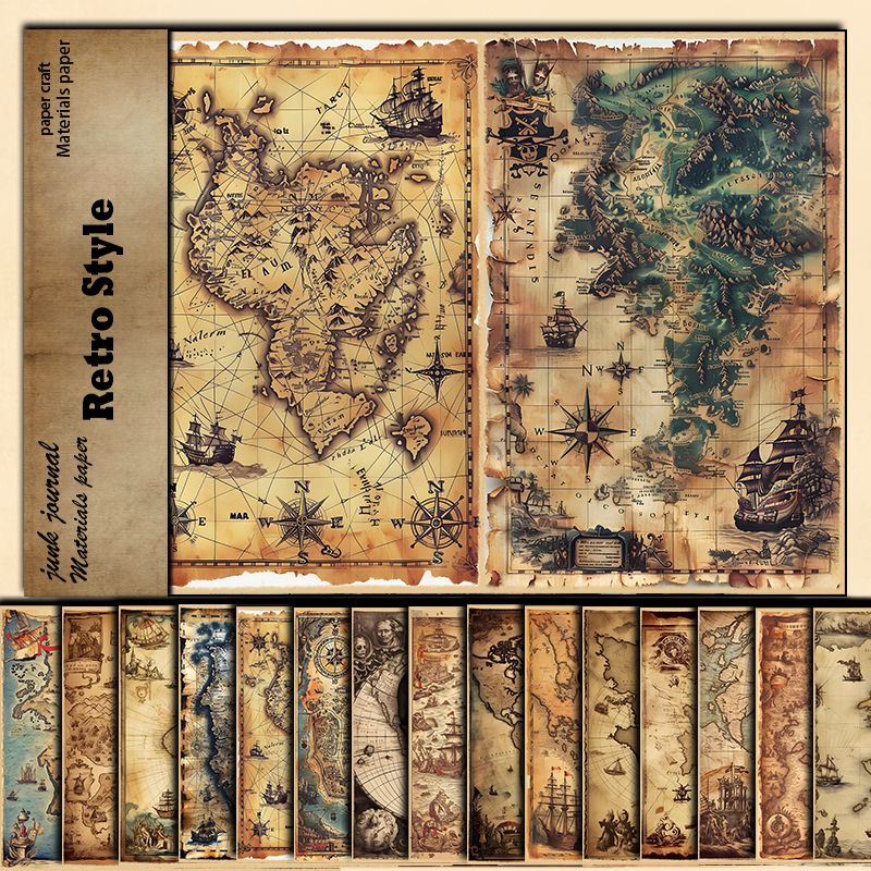 Vintage Nautical Map Journal Paper Set - 16 Sheets Heavyweight Cardstock, Pirate Ship & Sea Chart Background Paper
