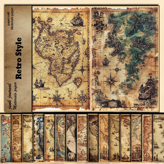 Vintage Nautical Map Journal Paper Set - 16 Sheets Heavyweight Cardstock, Pirate Ship & Sea Chart Background Paper