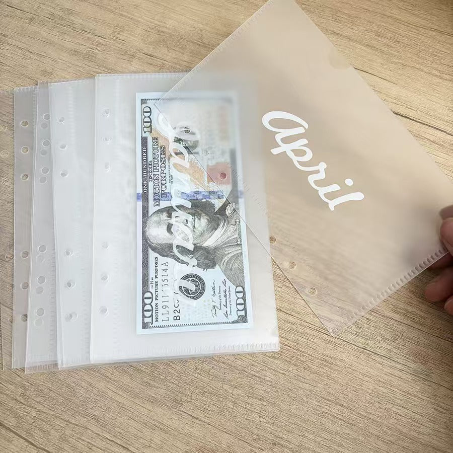 A6  12-Month PP Cash Envelope Budget Pocket Set – Transparent Ring Planner Refill, Script Font Labels