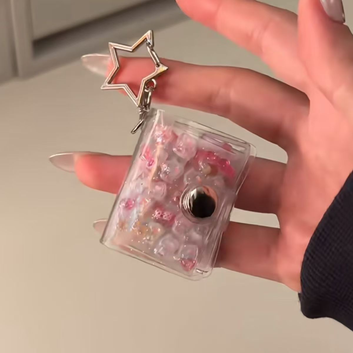 Mini 1-Inch Photo Album Keychain – Glittery Transparent Photocard Holder with Star Charm