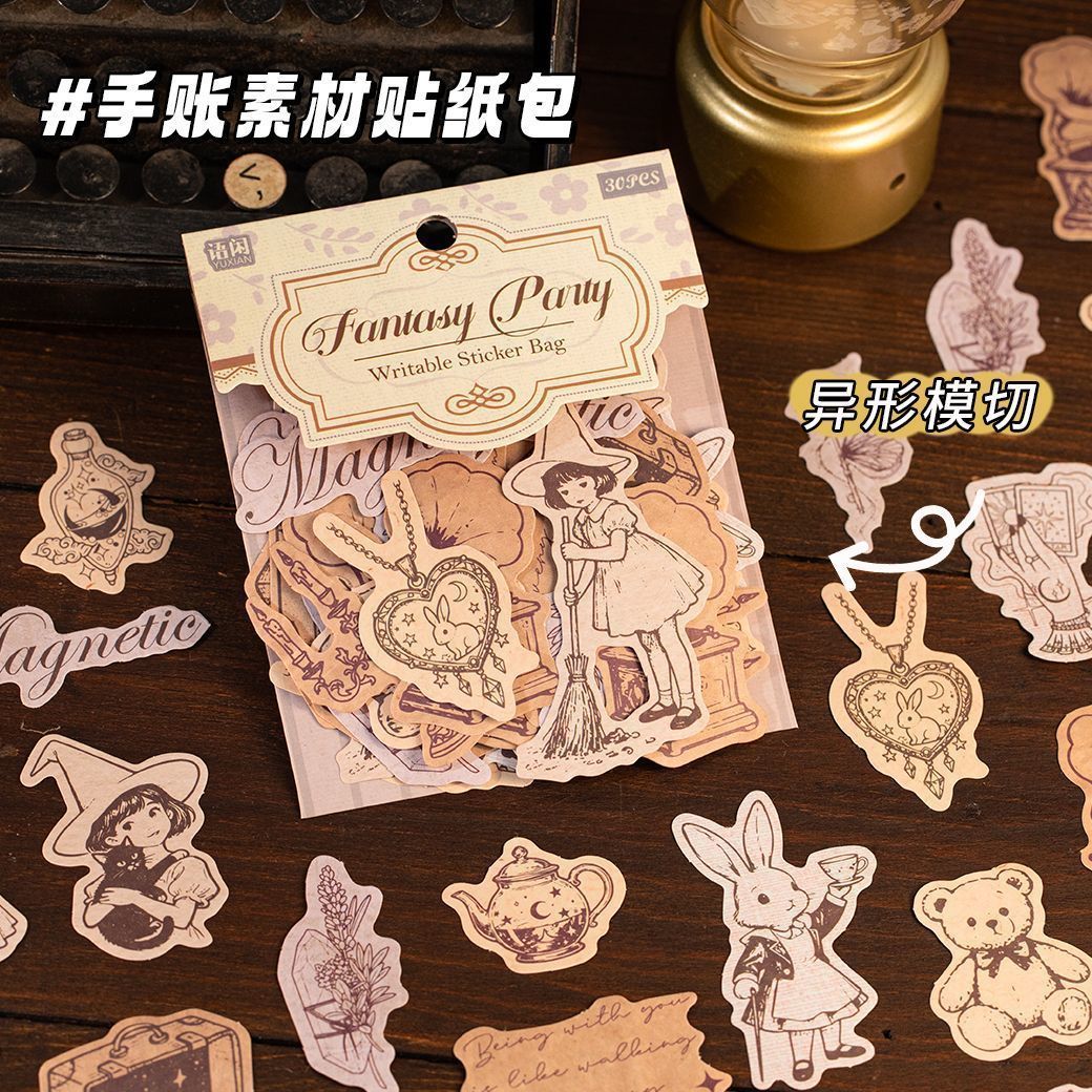 Vintage Fairytale Writable Sticker Bag - Botanical & Character Illustration Stickers for Journaling
