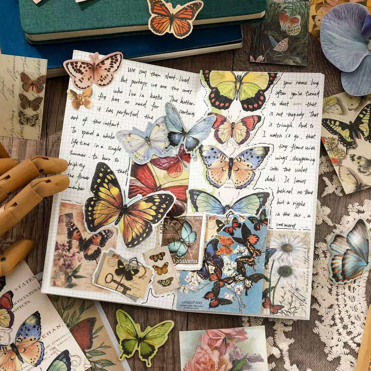 Vintage Butterfly Collage Paper Pack – 100 Sheets Nature Ephemera for Journaling & Scrapbooking, 4 Designs