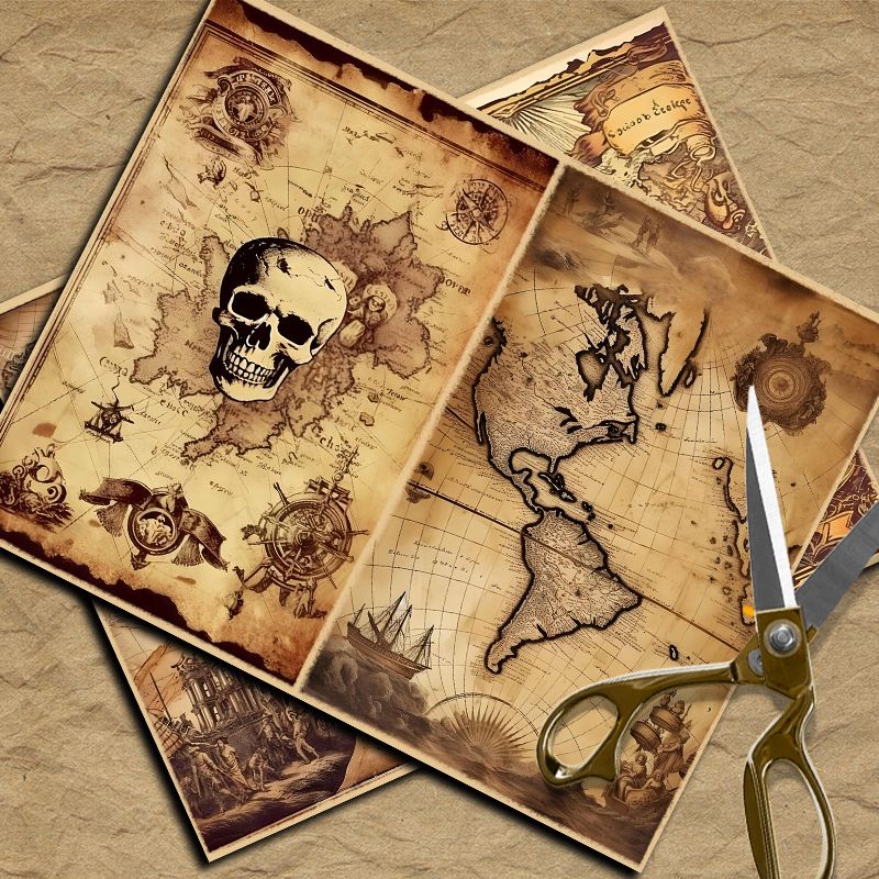 Vintage Nautical Map Journal Paper Set - 16 Sheets Heavyweight Cardstock, Pirate Ship & Sea Chart Background Paper