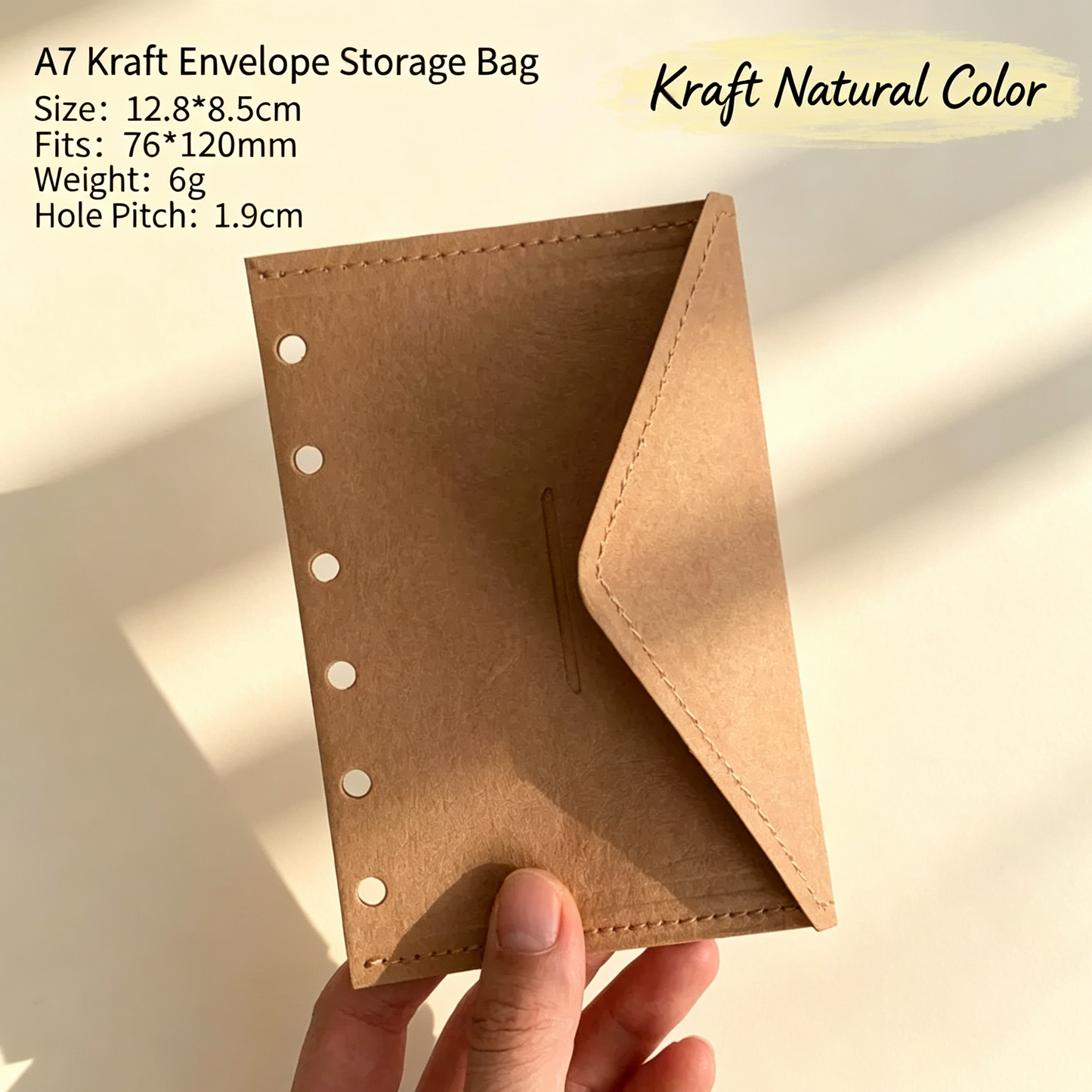 Vintage Washed Leather Envelope Pocket - M5/A7 Ring Binder Storage Sleeve, 6-Ring Punched Card Holder