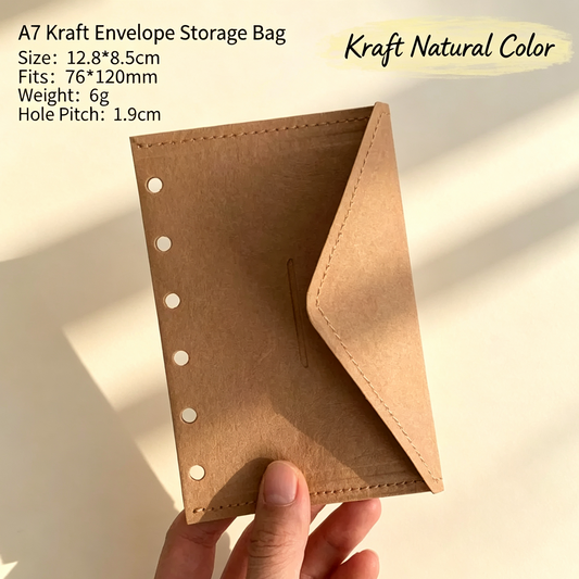 Vintage Washed Leather Envelope Pocket - M5/A7 Ring Binder Storage Sleeve, 6-Ring Punched Card Holder