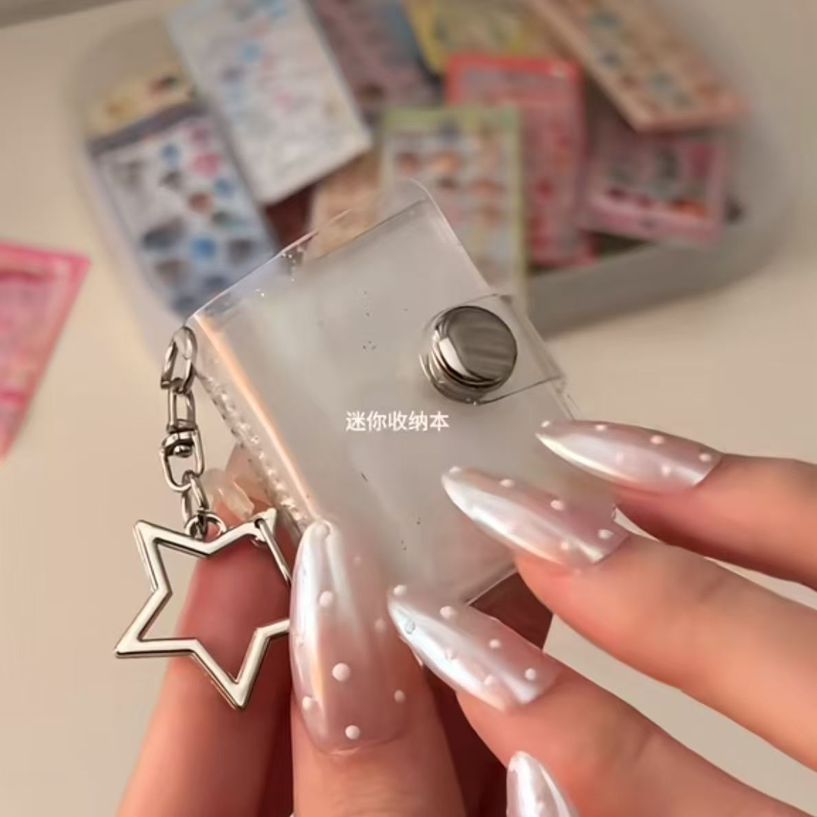 Mini 1-Inch Photo Album Keychain – Glittery Transparent Photocard Holder with Star Charm