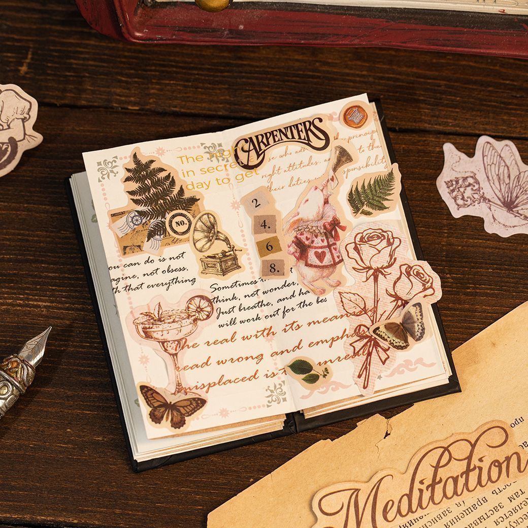 Vintage Fairytale Writable Sticker Bag - Botanical & Character Illustration Stickers for Journaling