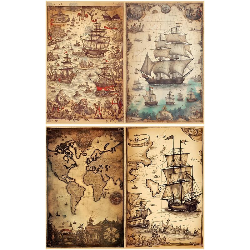 Vintage Nautical Map Journal Paper Set - 16 Sheets Heavyweight Cardstock, Pirate Ship & Sea Chart Background Paper
