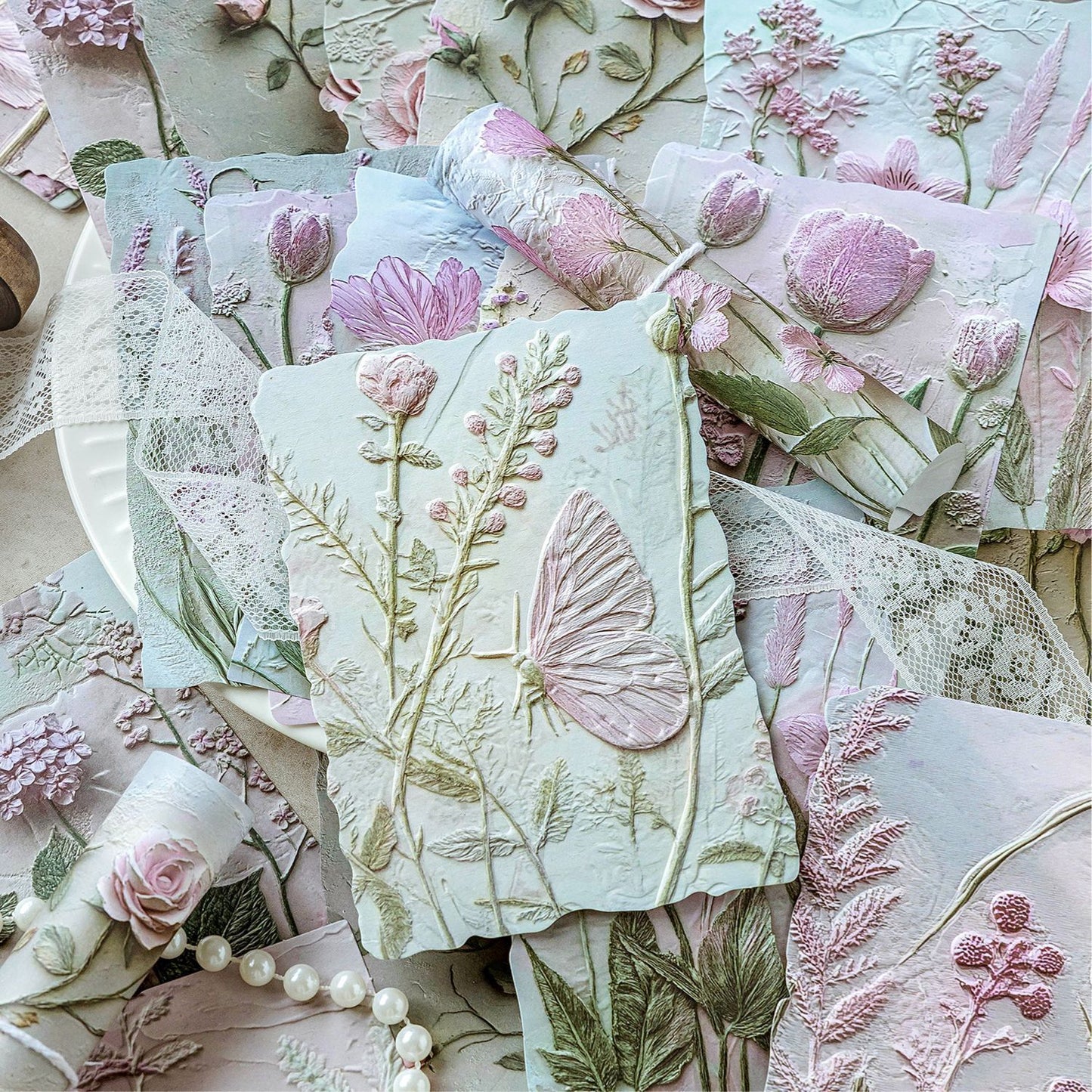 Vintage Pressed Flower Journal Paper Set - Embossed & Flat Botanical Background Paper