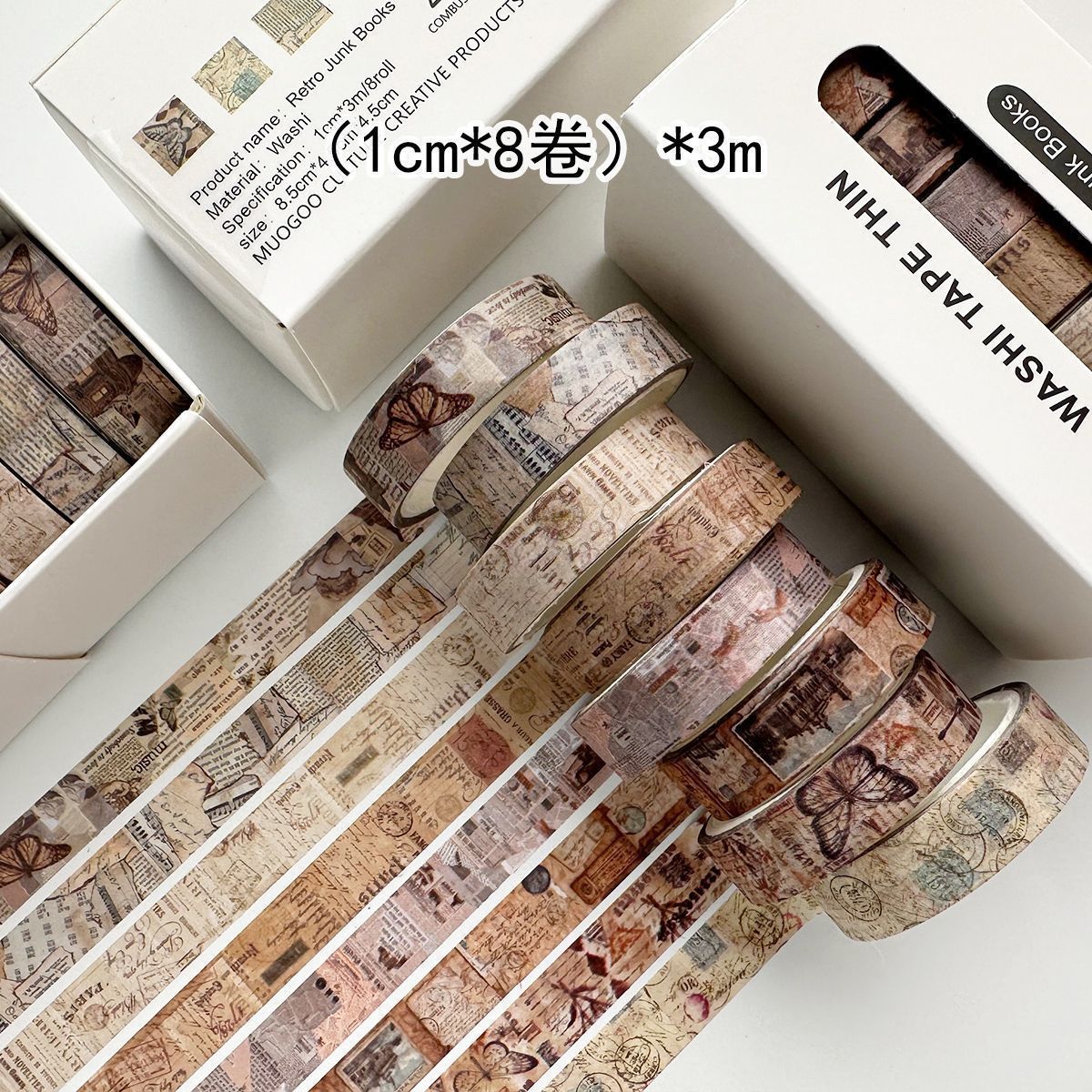 Vintage Script Washi Tape Set - Handwritten Letter & Lace Pattern Decorative Tape, 8 Rolls
