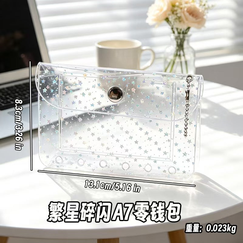 A7 Holographic Galaxy Coin Pouch – 6-Ring Loose-Leaf Card Holder with Snap Closure, 15 Colors