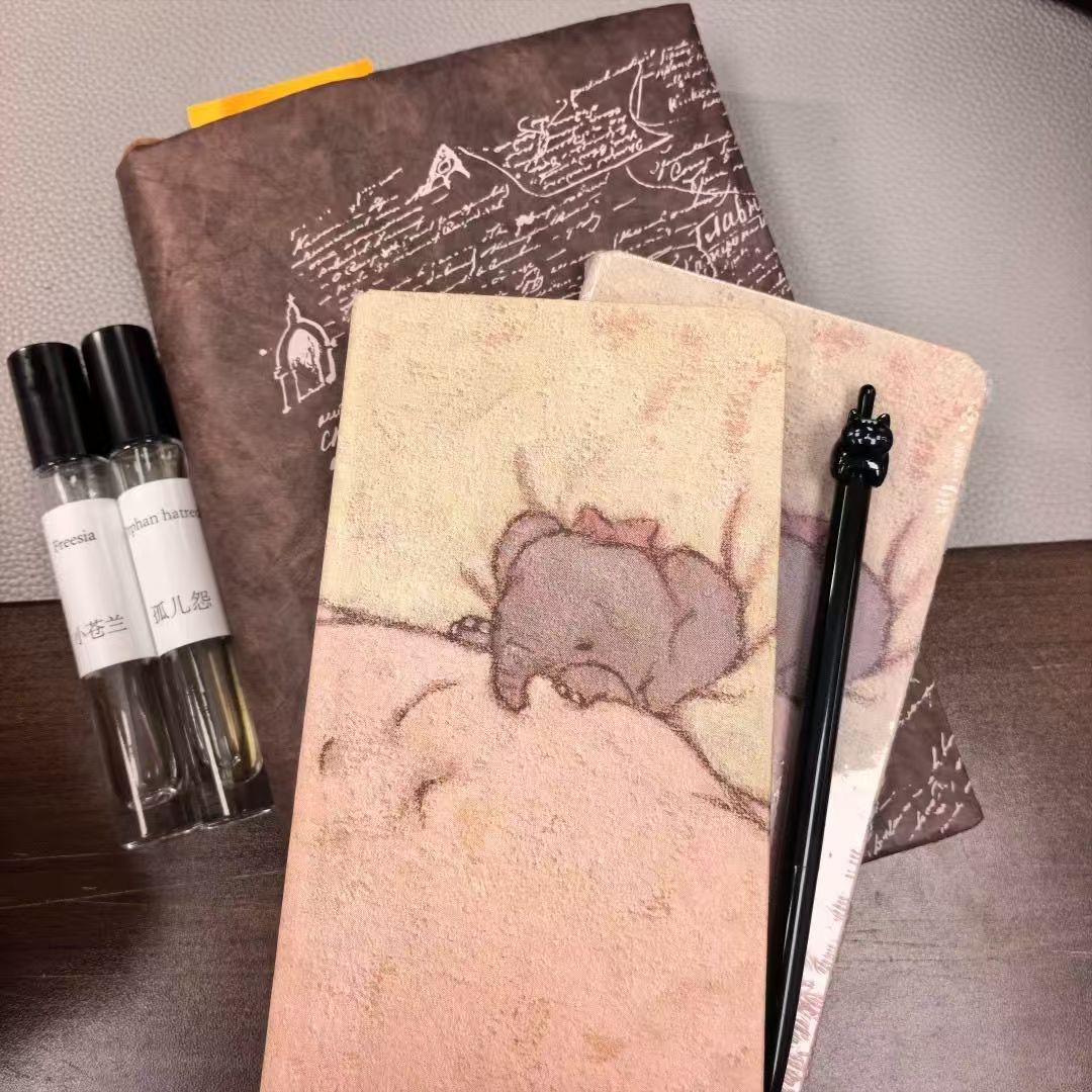 Sleepy Elephant Hand-Drawn Hardcover Journal – Minimalist Daily Planner Notebook, Cute Illustrated Cover