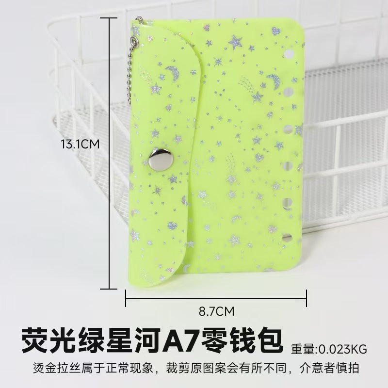 A7 Holographic Galaxy Coin Pouch – 6-Ring Loose-Leaf Card Holder with Snap Closure, 15 Colors
