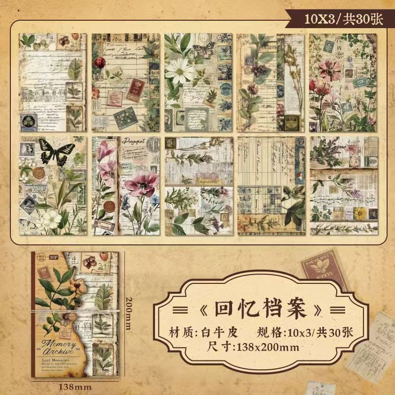 Lost Memory Vintage Kraft Paper Set – Aged Botanical Background Sheets for Journaling, 4 Designs