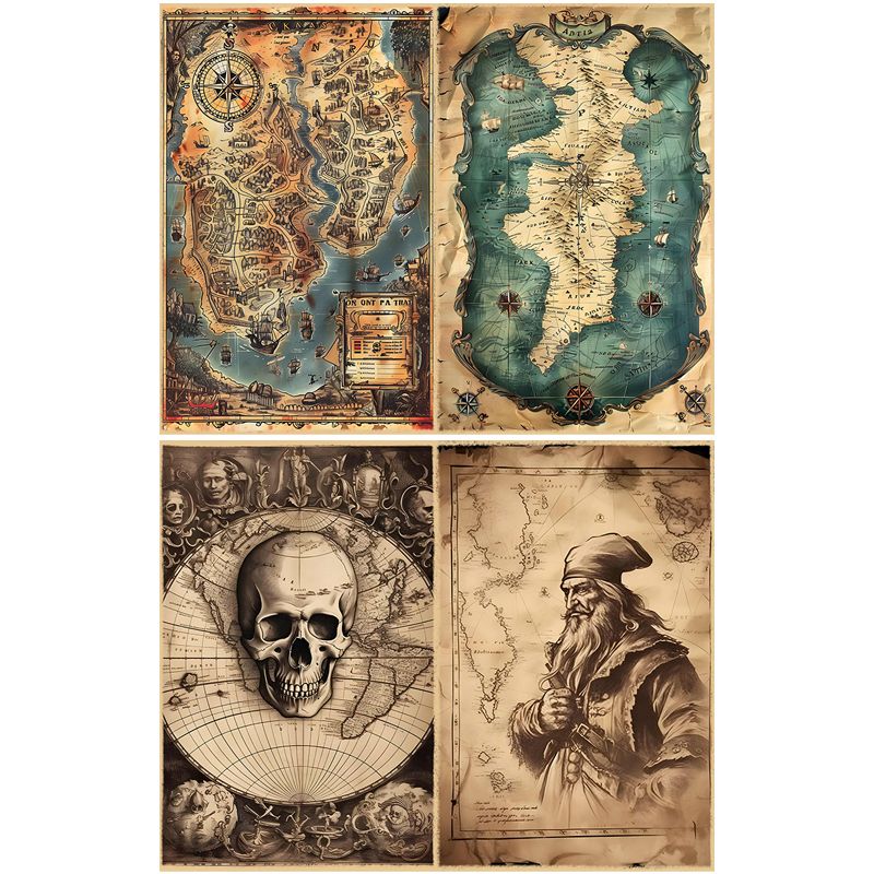 Vintage Nautical Map Journal Paper Set - 16 Sheets Heavyweight Cardstock, Pirate Ship & Sea Chart Background Paper