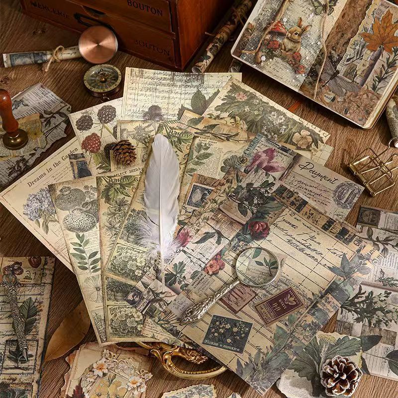 Lost Memory Vintage Kraft Paper Set – Aged Botanical Background Sheets for Journaling, 4 Designs