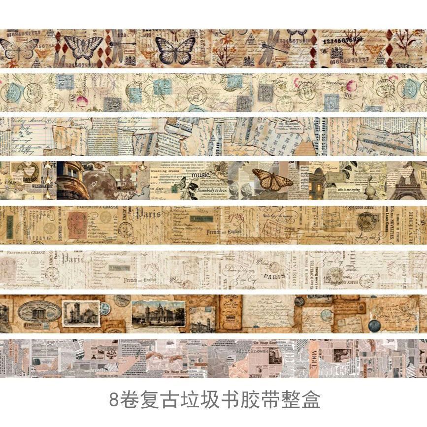 Vintage Script Washi Tape Set - Handwritten Letter & Lace Pattern Decorative Tape, 8 Rolls