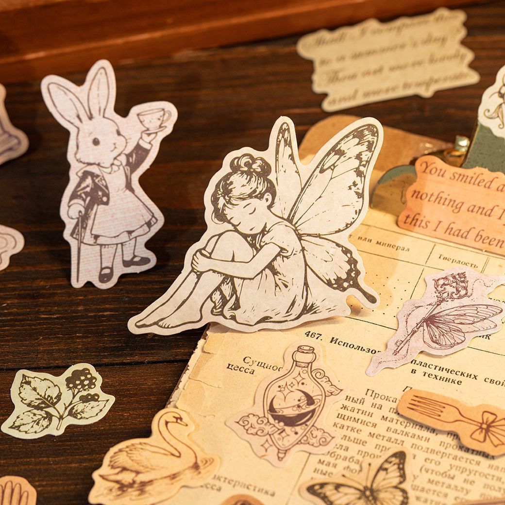 Vintage Fairytale Writable Sticker Bag - Botanical & Character Illustration Stickers for Journaling