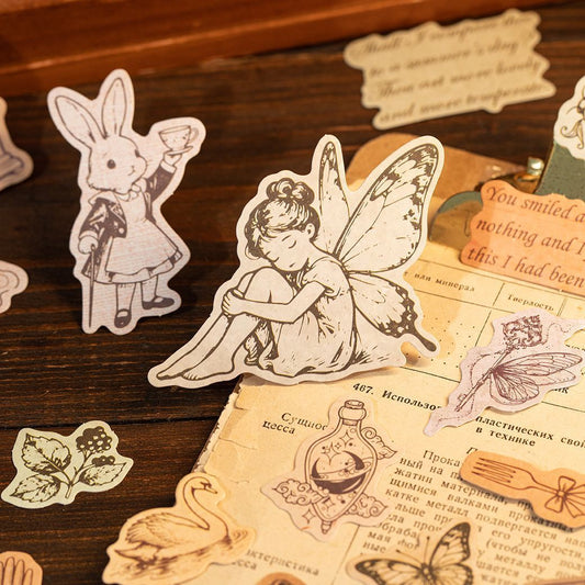 Vintage Fairytale Writable Sticker Bag - Botanical & Character Illustration Stickers for Journaling
