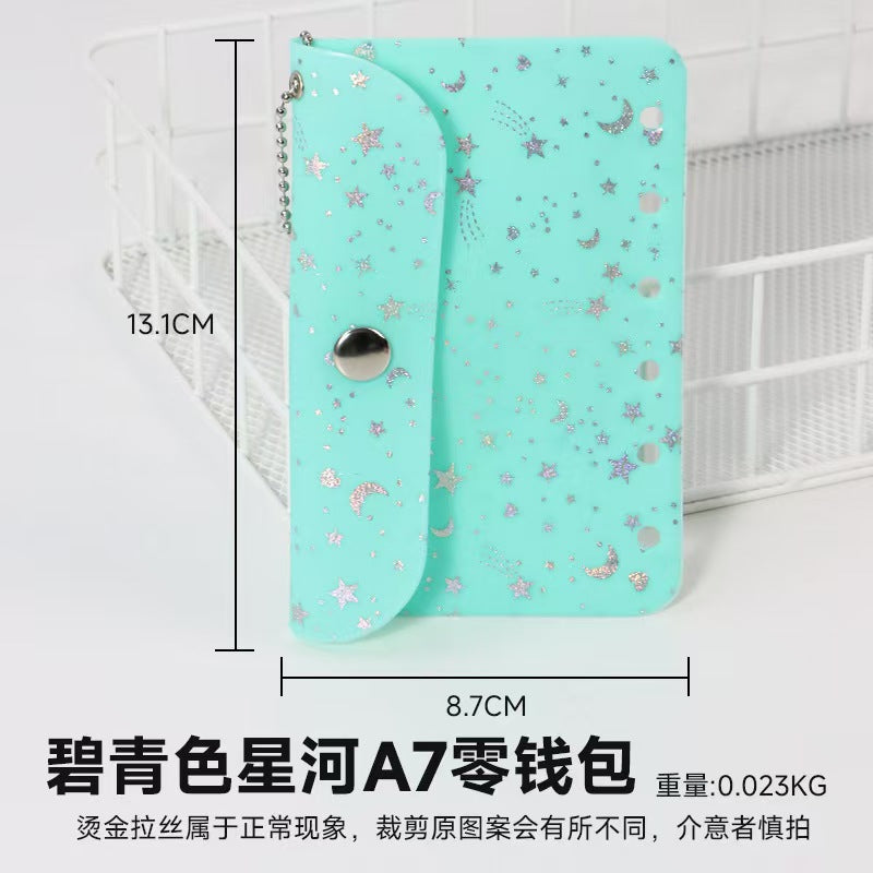 A7 Holographic Galaxy Coin Pouch – 6-Ring Loose-Leaf Card Holder with Snap Closure, 15 Colors
