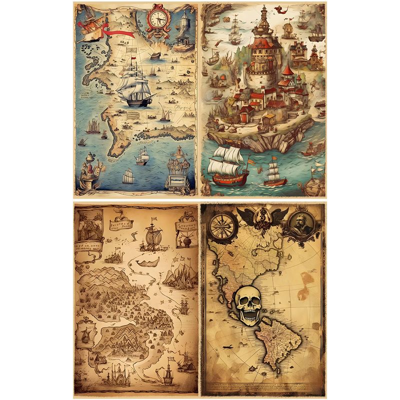 Vintage Nautical Map Journal Paper Set - 16 Sheets Heavyweight Cardstock, Pirate Ship & Sea Chart Background Paper