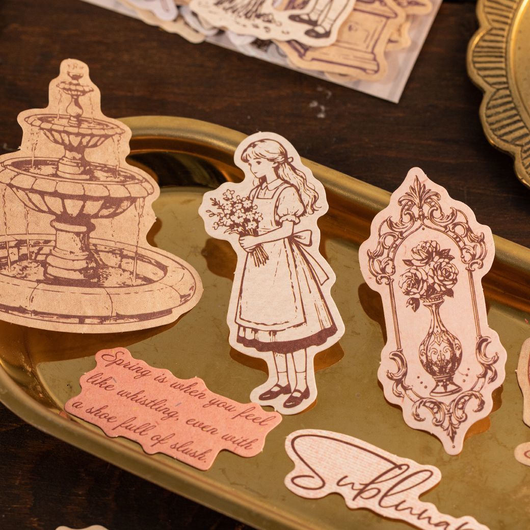 Vintage Fairytale Writable Sticker Bag - Botanical & Character Illustration Stickers for Journaling