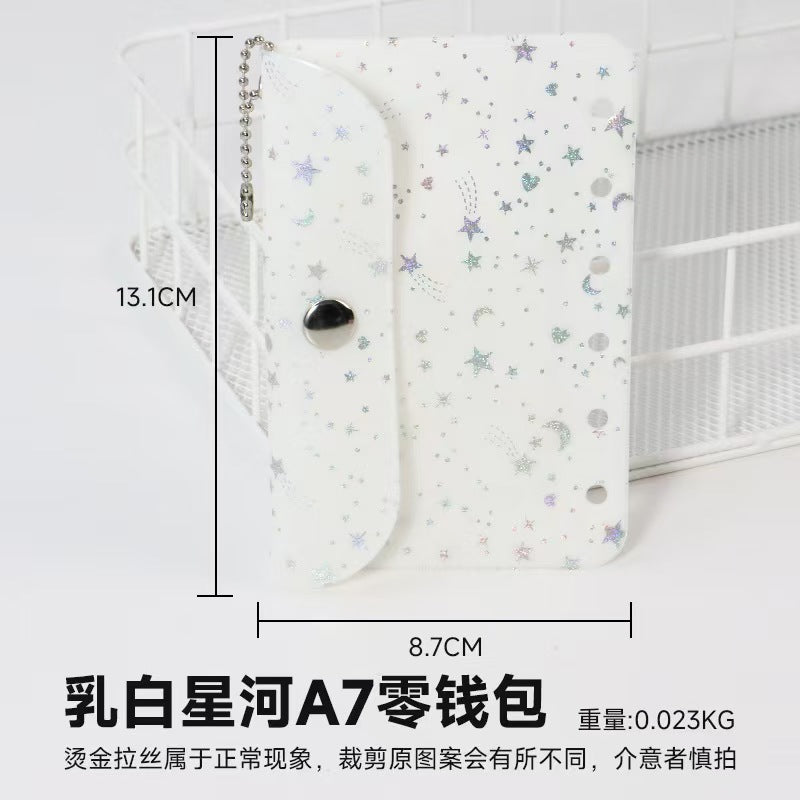 A7 Holographic Galaxy Coin Pouch – 6-Ring Loose-Leaf Card Holder with Snap Closure, 15 Colors