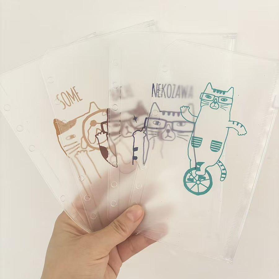A6 Cute Cat Zipper Pocket Refill Set – Transparent Ring Planner Storage Sleeves, 4pc