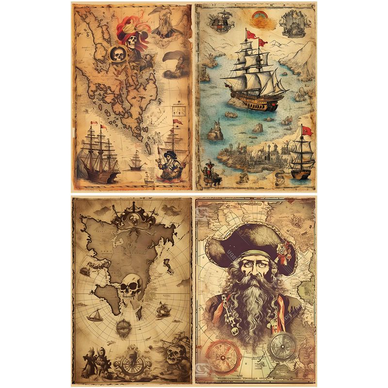 Vintage Nautical Map Journal Paper Set - 16 Sheets Heavyweight Cardstock, Pirate Ship & Sea Chart Background Paper