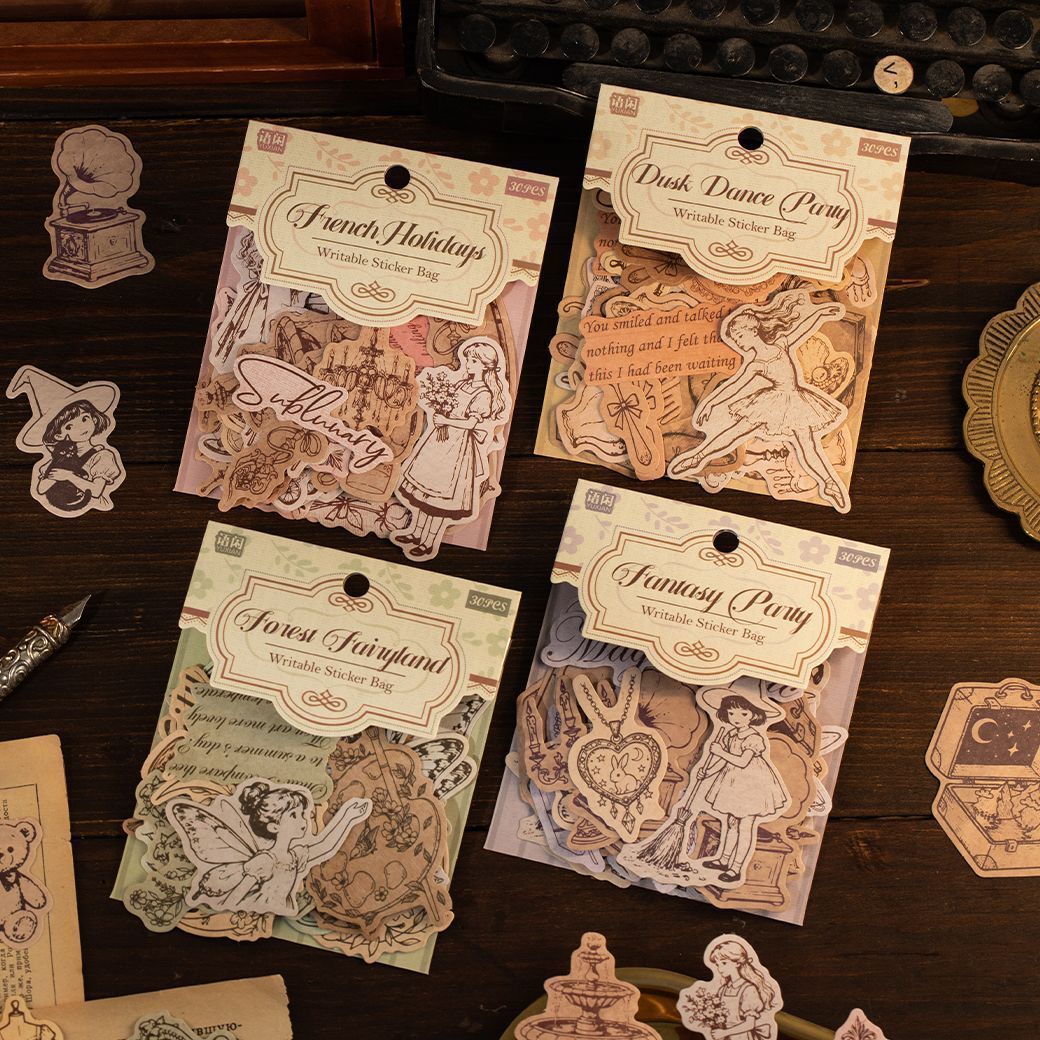 Vintage Fairytale Writable Sticker Bag - Botanical & Character Illustration Stickers for Journaling