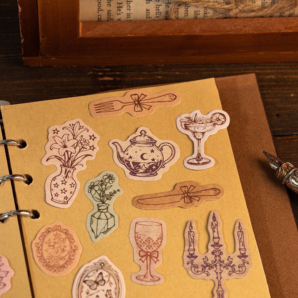 Vintage Fairytale Writable Sticker Bag - Botanical & Character Illustration Stickers for Journaling
