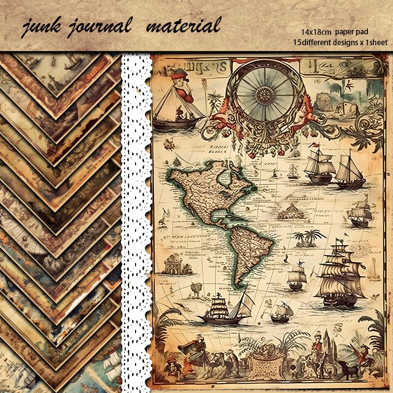 Vintage Nautical Map Journal Paper Set - 16 Sheets Heavyweight Cardstock, Pirate Ship & Sea Chart Background Paper