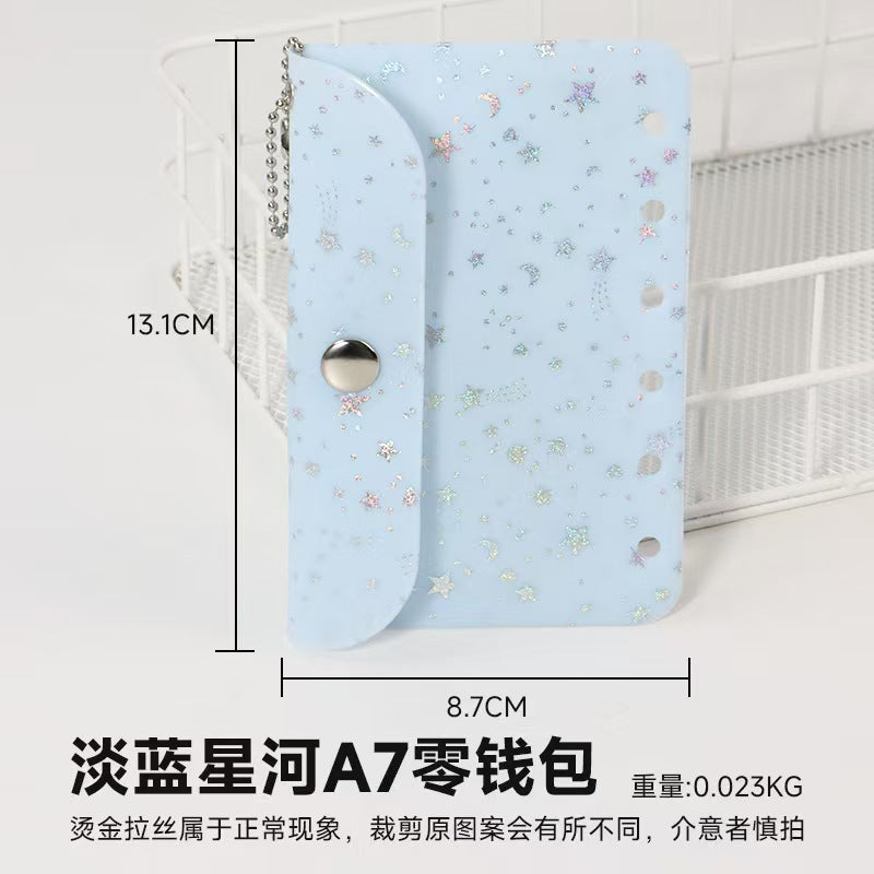 A7 Holographic Galaxy Coin Pouch – 6-Ring Loose-Leaf Card Holder with Snap Closure, 15 Colors