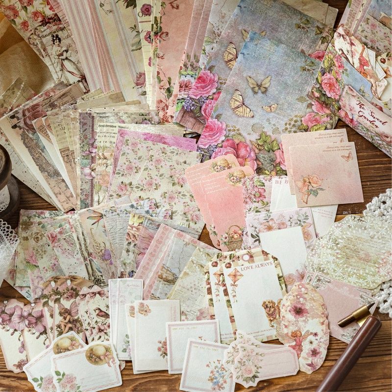 Garden Post Office Vintage Floral Paper Set - 100 Sheets, Romantic Rose & Botanical Junk Journal Paper