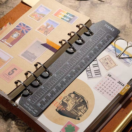 TODAY PVC Ring Planner Ruler & Page Finder – 6-Ring Divider Bookmark, A5/A6/A7, Black & Clear