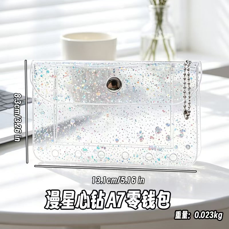 A7 Holographic Galaxy Coin Pouch – 6-Ring Loose-Leaf Card Holder with Snap Closure, 15 Colors
