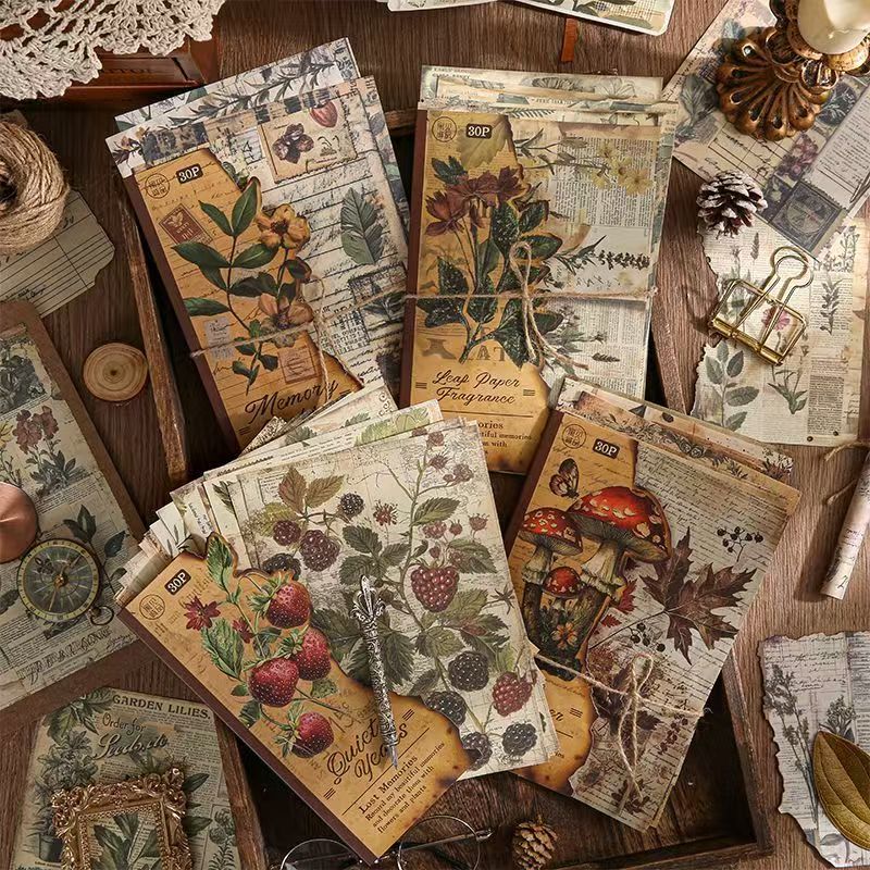 Lost Memory Vintage Kraft Paper Set – Aged Botanical Background Sheets for Journaling, 4 Designs