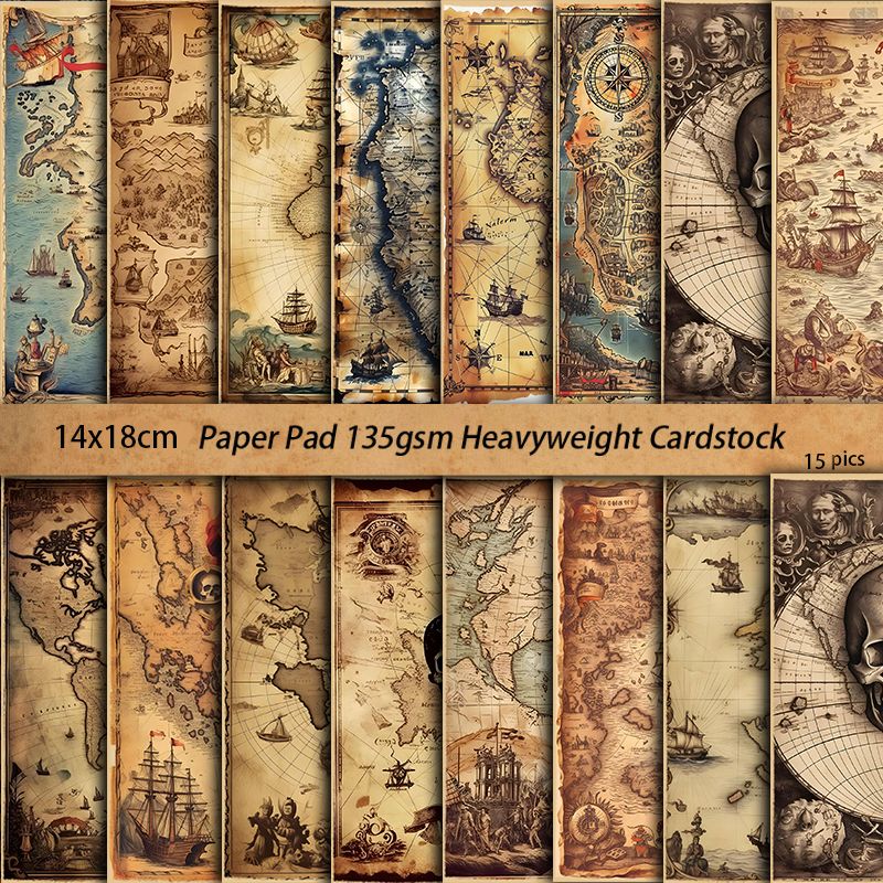 Vintage Nautical Map Journal Paper Set - 16 Sheets Heavyweight Cardstock, Pirate Ship & Sea Chart Background Paper