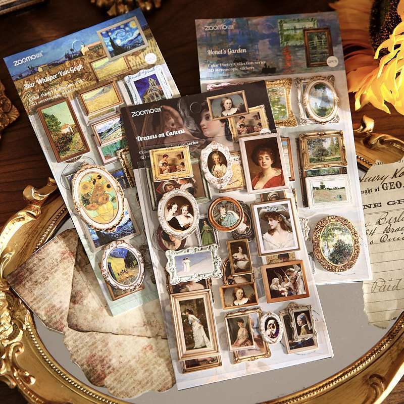 Vintage Oil Painting Frame Stickers - Van Gogh & Monet Inspired Die-Cut Art Stickers