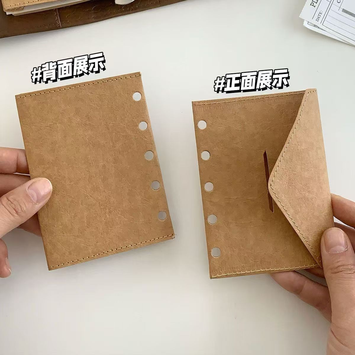 Vintage Washed Leather Envelope Pocket - M5/A7 Ring Binder Storage Sleeve, 6-Ring Punched Card Holder