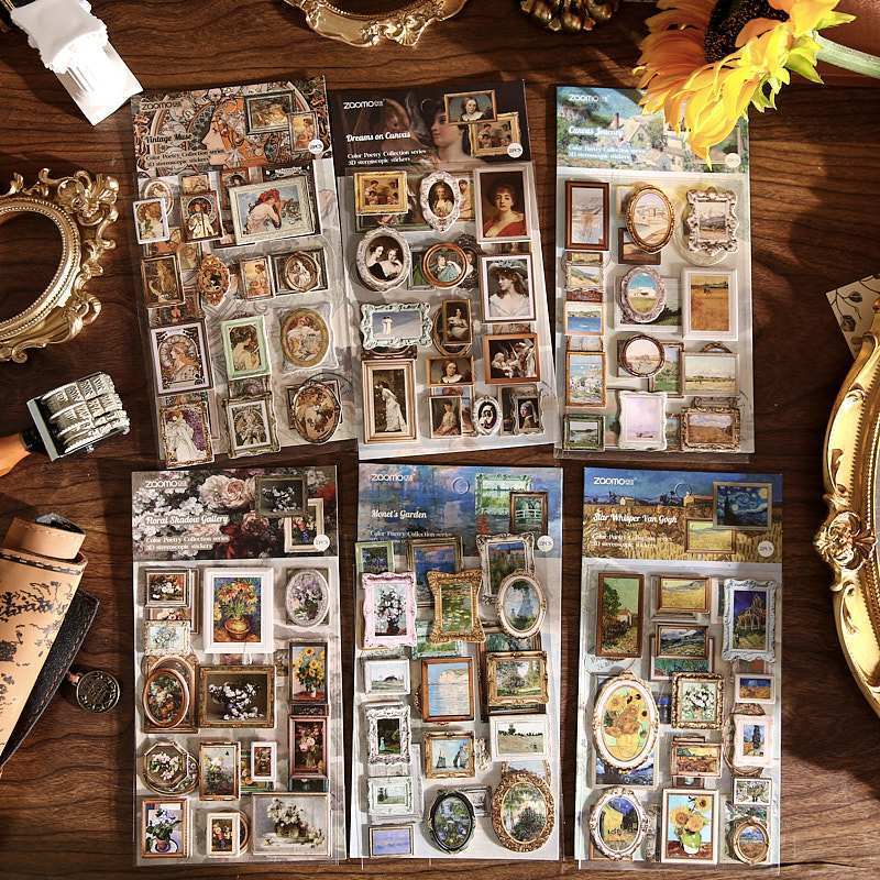Vintage Oil Painting Frame Stickers - Van Gogh & Monet Inspired Die-Cut Art Stickers