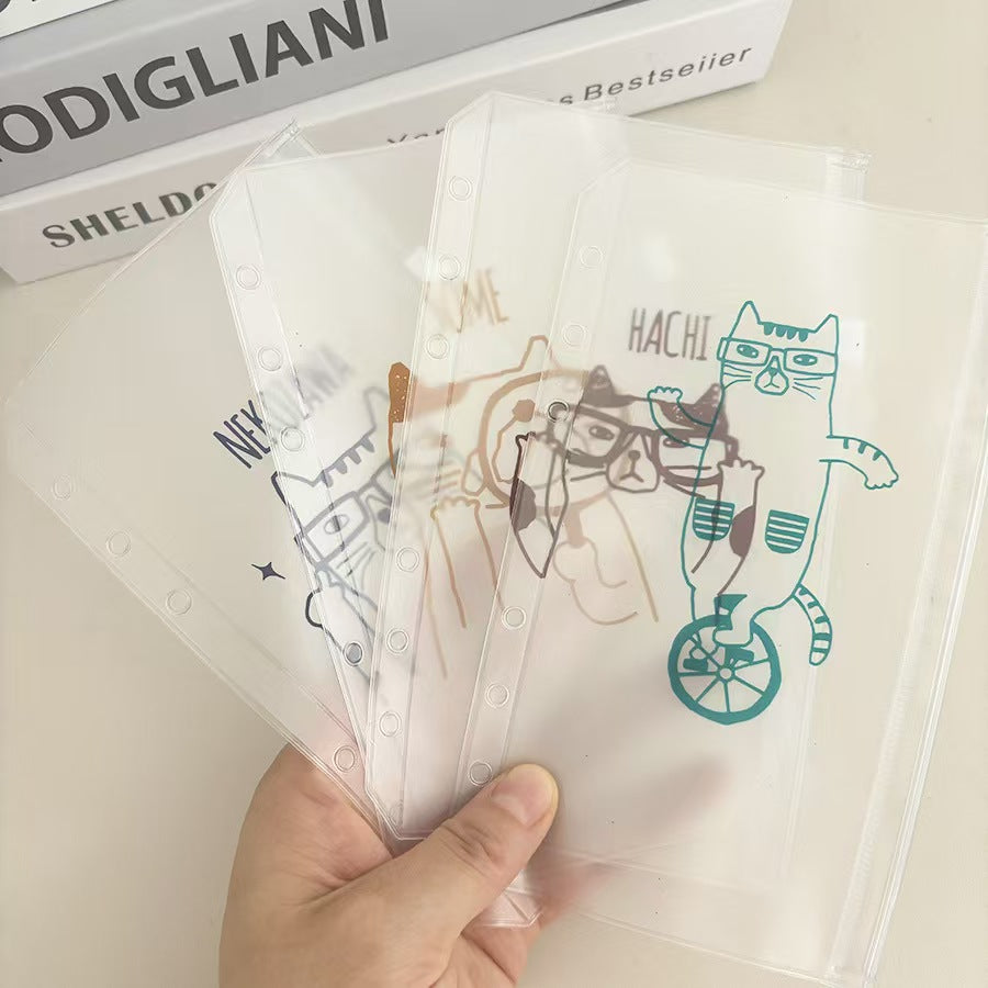A6 Cute Cat Zipper Pocket Refill Set – Transparent Ring Planner Storage Sleeves, 4pc