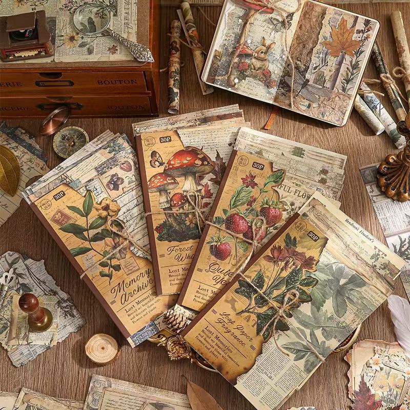Lost Memory Vintage Kraft Paper Set – Aged Botanical Background Sheets for Journaling, 4 Designs